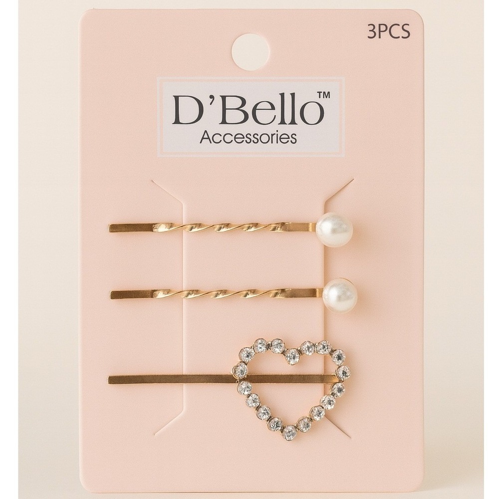 D'Bello Women Hair Accessories Gold Bobby Pin Pearl Heart Rhinestone 3 Piece Set
